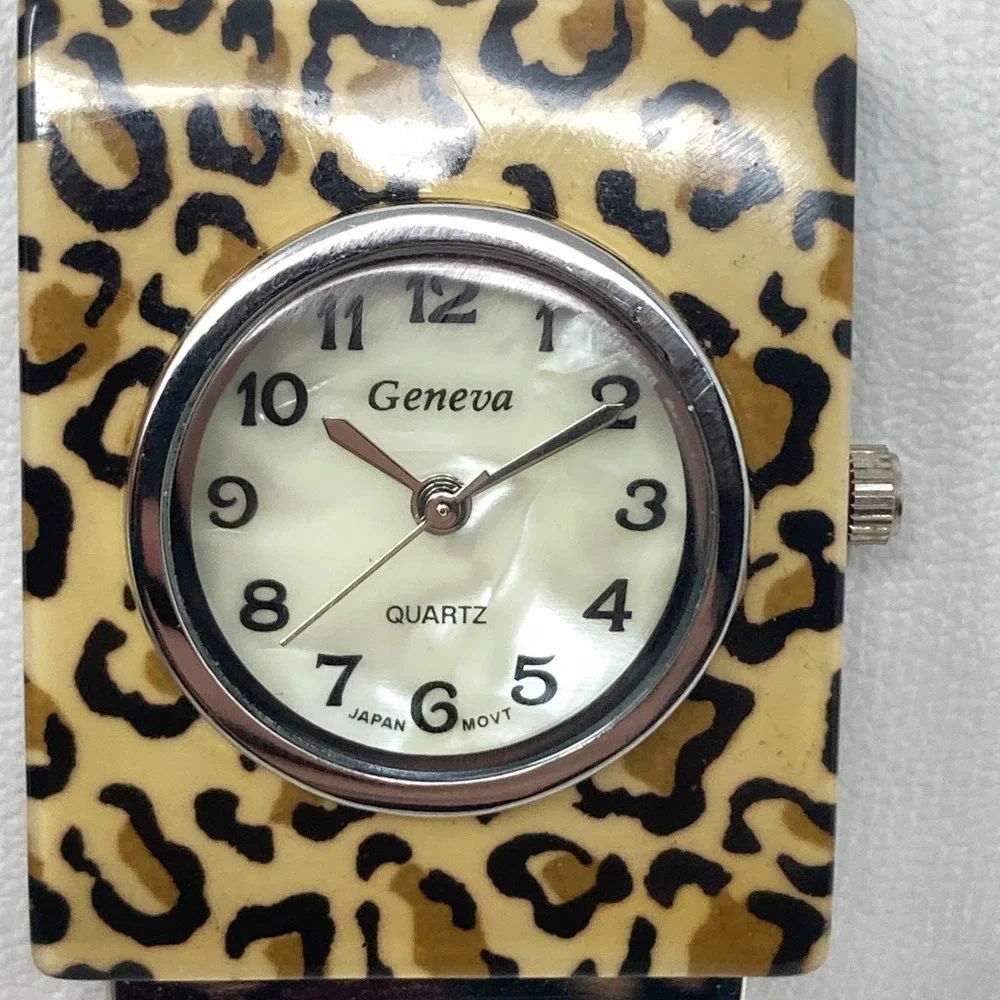 Geneva Womens Watch Leopard Print Silver Tone Cuff MOP New Battery SMALL 5.75
